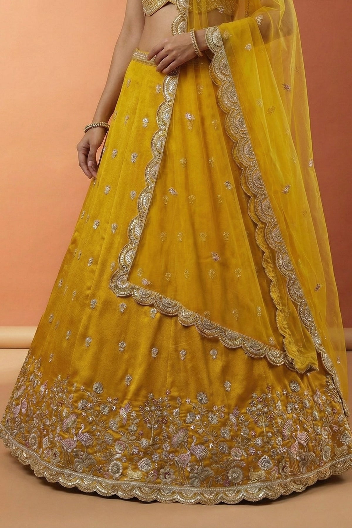 Vibrant Mustard Yellow Chinon Silk Lehenga Choli with Pearl & Sequin Woodland Motifs