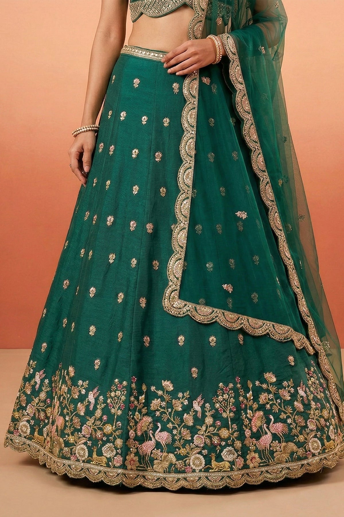 Deep Rama Green Chinon Silk Lehenga Choli with Pearl & Sequin Woodland Motifs