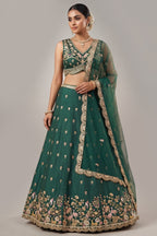 Deep Rama Green Chinon Silk Lehenga Choli with Pearl & Sequin Woodland Motifs