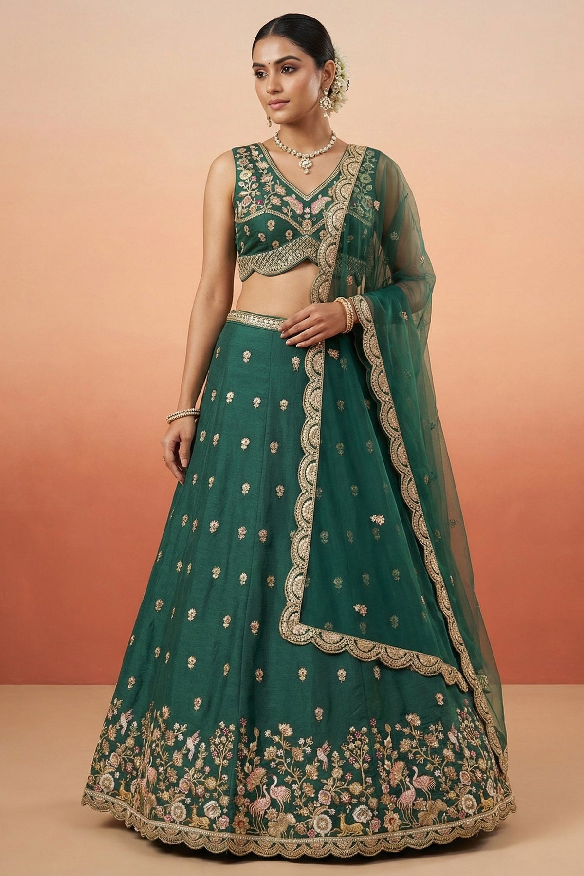 Deep Rama Green Chinon Silk Lehenga Choli with Pearl & Sequin Woodland Motifs