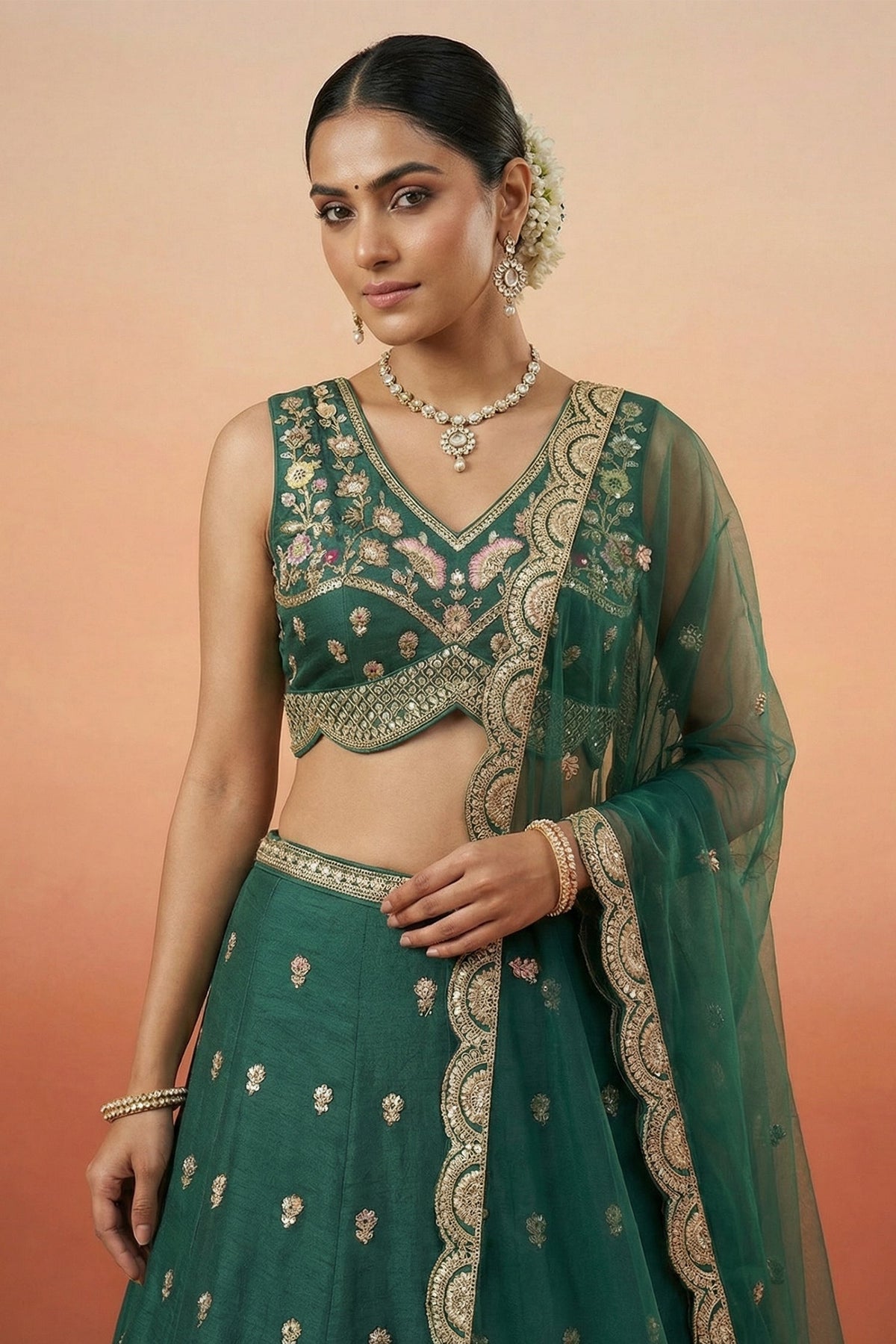 Deep Rama Green Chinon Silk Lehenga Choli with Pearl & Sequin Woodland Motifs
