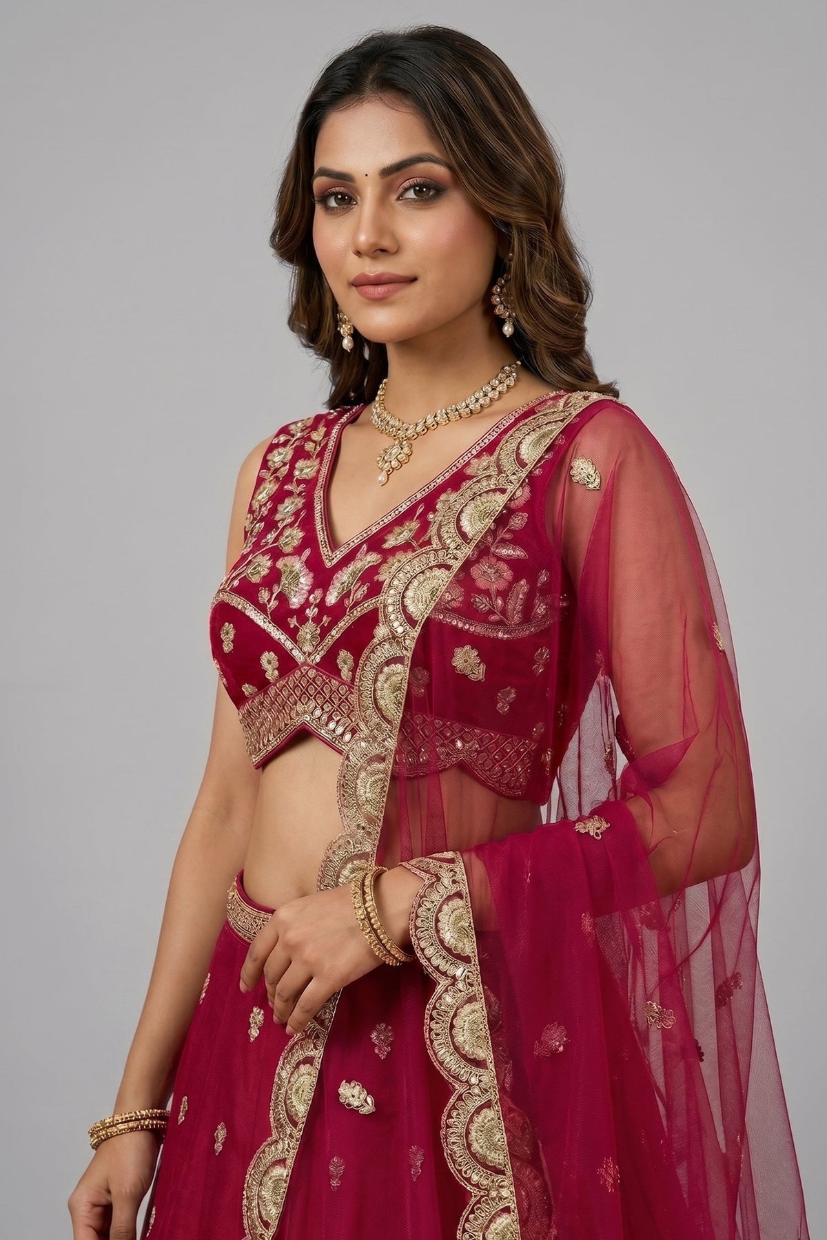 Dark Pink Chinon Silk Lehenga Choli with Pearl & Sequin Woodland Motifs