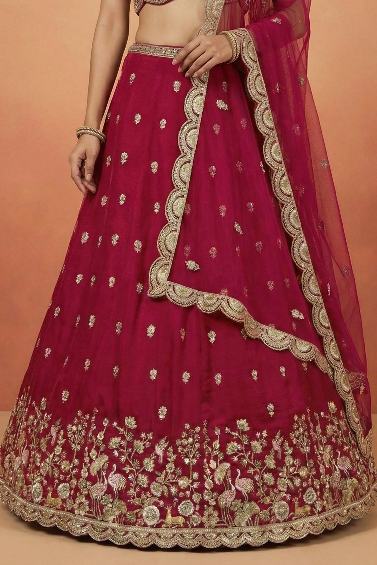 Dark Pink Chinon Silk Lehenga Choli with Pearl & Sequin Woodland Motifs