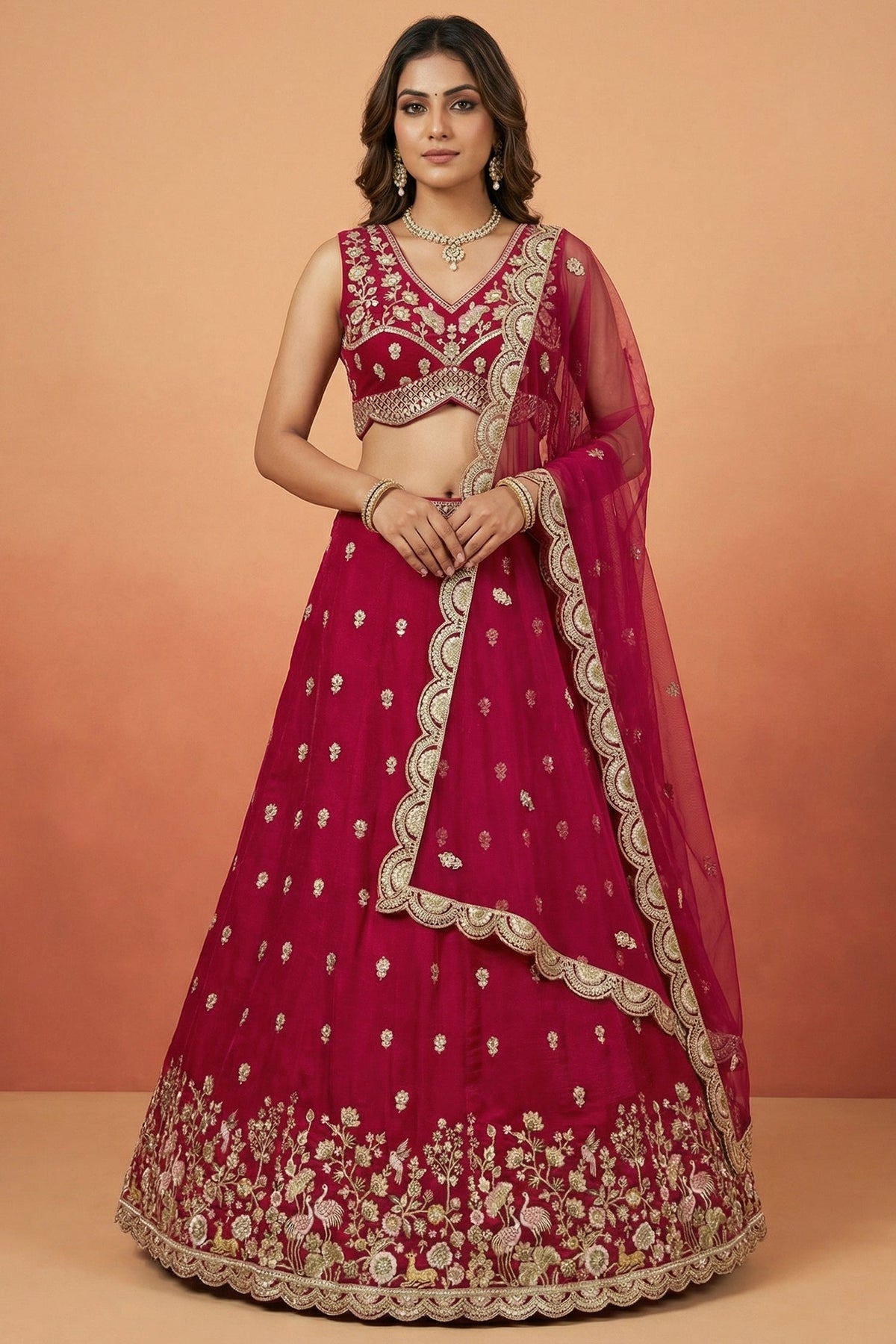 Dark Pink Chinon Silk Lehenga Choli with Pearl & Sequin Woodland Motifs