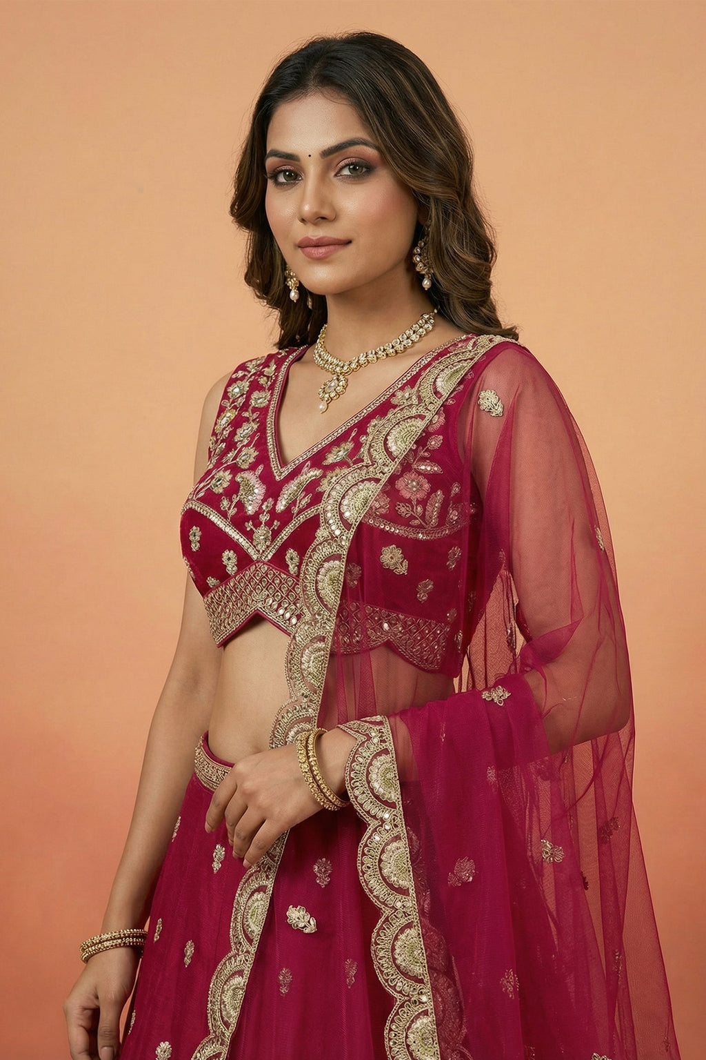 Dark Pink Chinon Silk Lehenga Choli with Pearl & Sequin Woodland Motifs