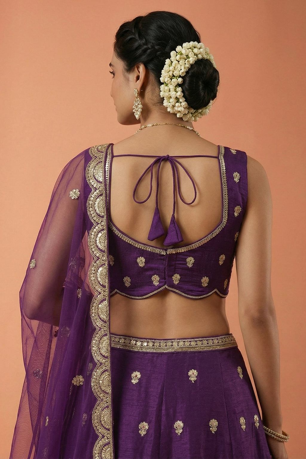 Deep Royal Purple Chinon Silk Lehenga Choli with Pearl & Sequin Woodland Motifs