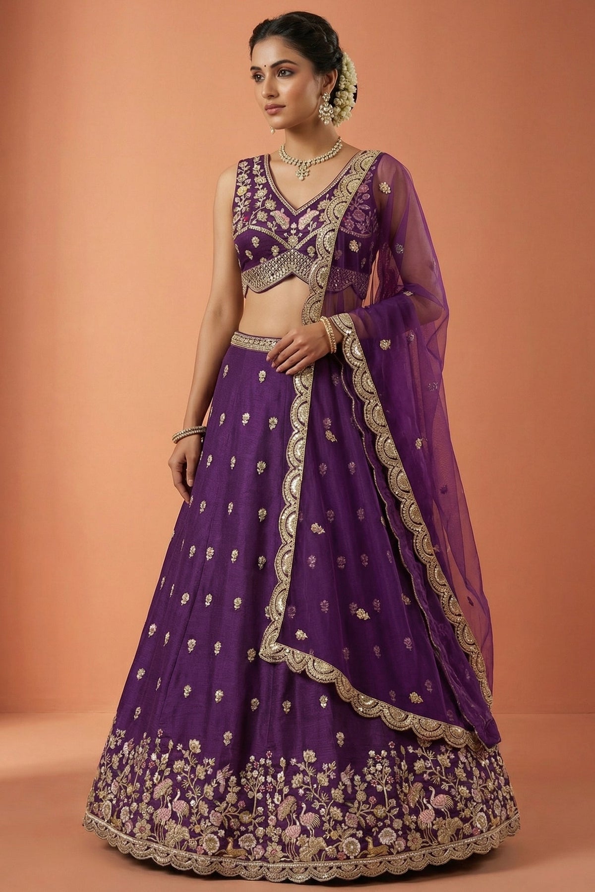 Deep Royal Purple Chinon Silk Lehenga Choli with Pearl & Sequin Woodland Motifs