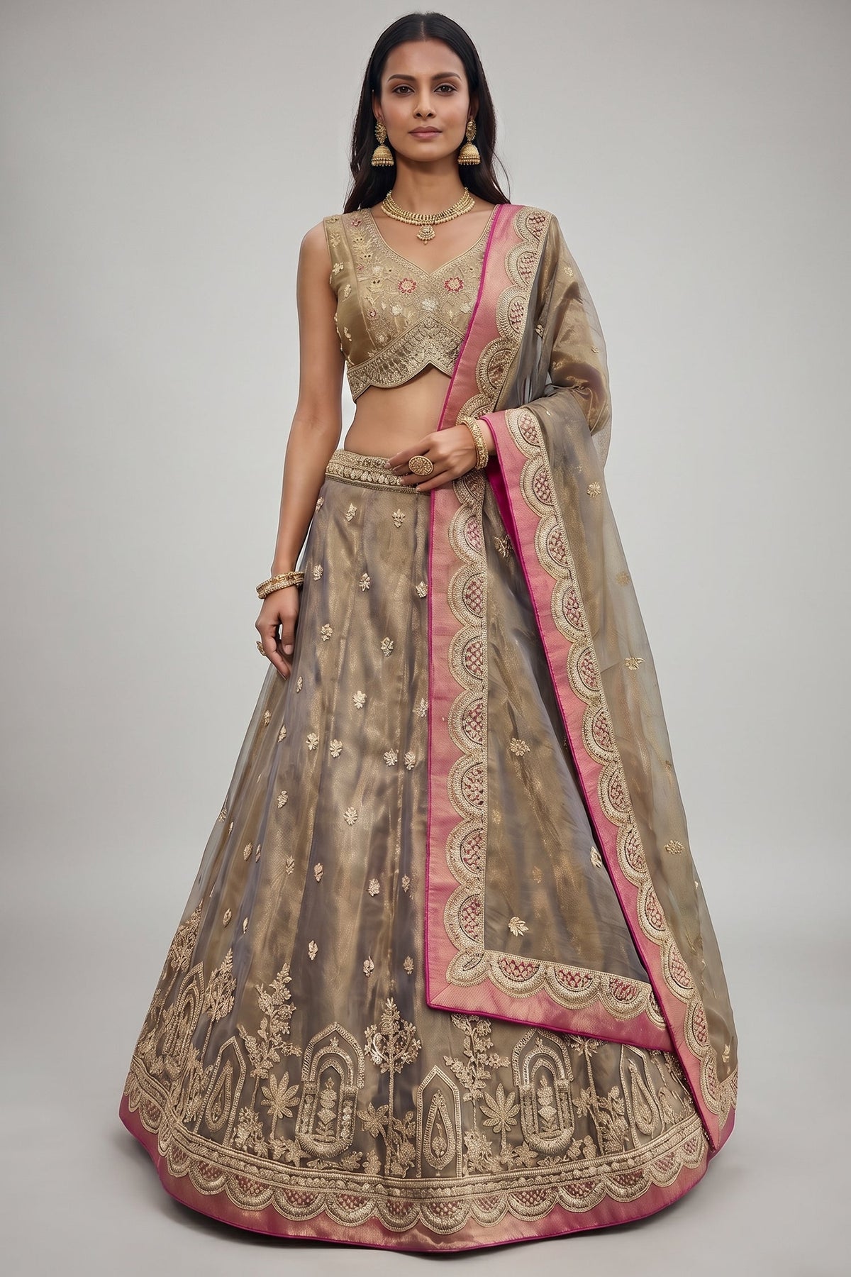Bronzed Coffee Metallic Tissue Lehenga Choli with Pearl Sequin Work