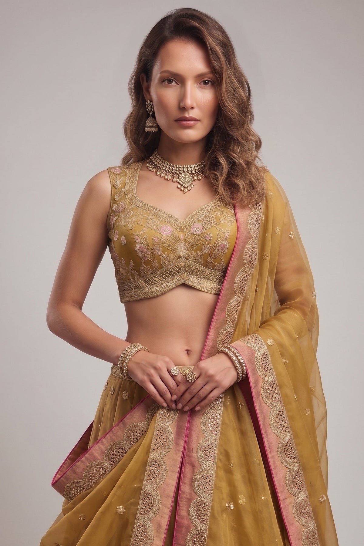 Olive Gold Tissue Lehenga Choli with Jharokha Pearl & Sequin Embroidery