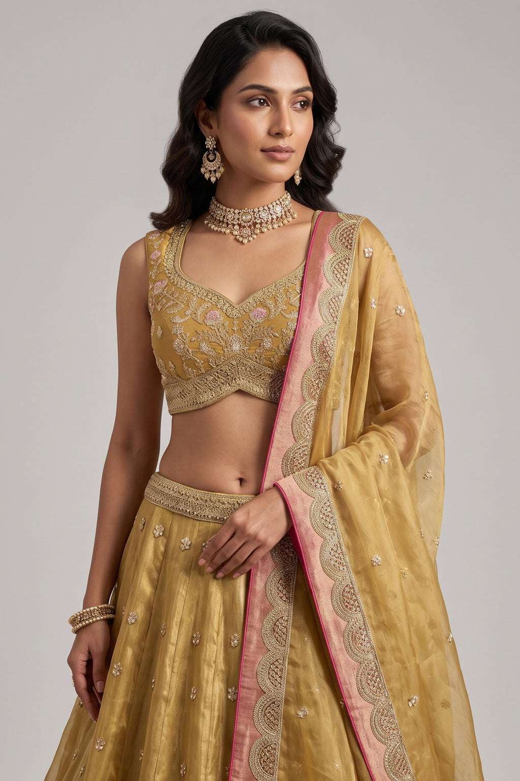 Olive Gold Tissue Lehenga Choli with Jharokha Pearl & Sequin Embroidery