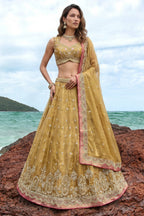 Olive Gold Tissue Lehenga Choli with Jharokha Pearl & Sequin Embroidery