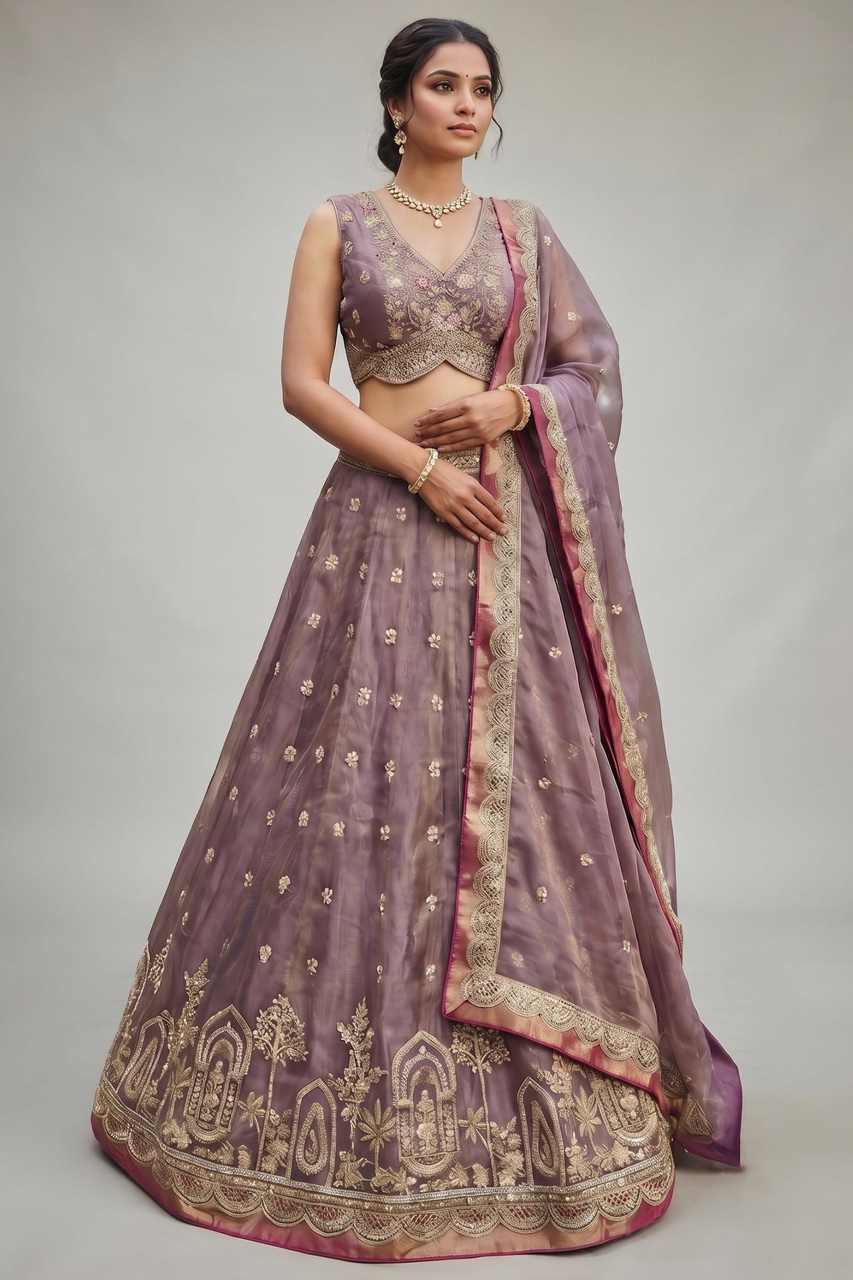 Dusty Purple Tissue Lehenga Choli with Jharokha Pearl & Sequin Embroidery