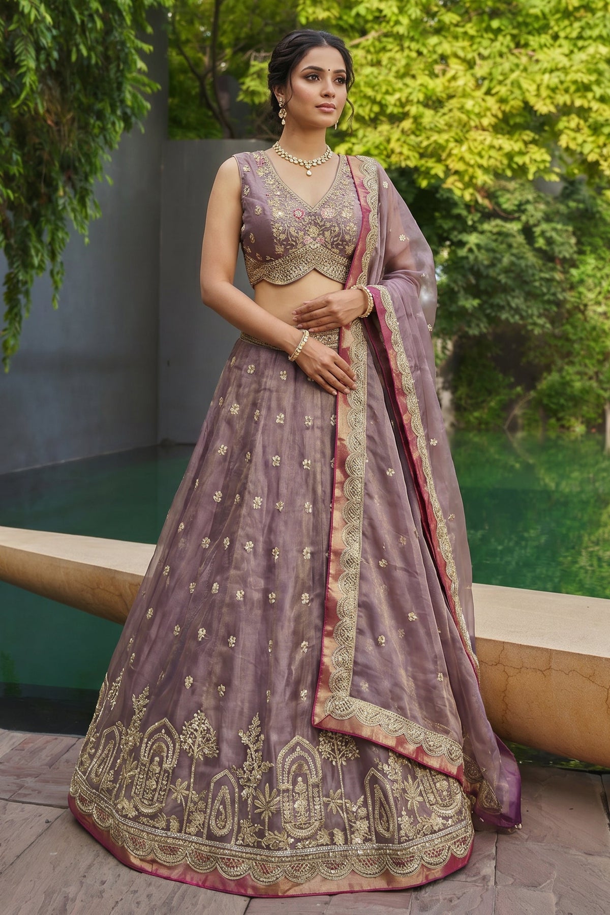 Dusty Purple Tissue Lehenga Choli with Jharokha Pearl & Sequin Embroidery