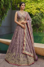 Dusty Purple Tissue Lehenga Choli with Jharokha Pearl & Sequin Embroidery