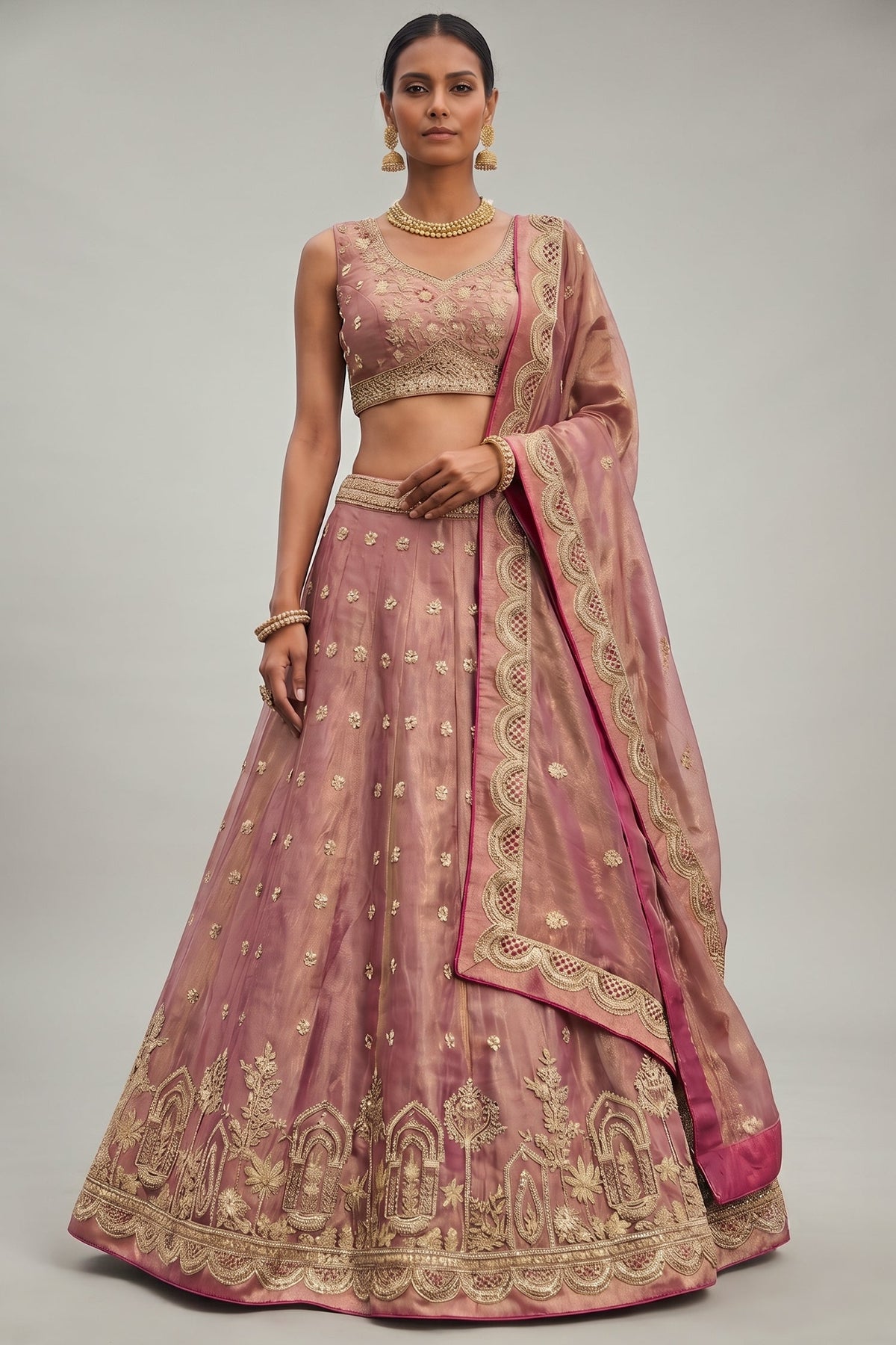 Rose Gold Metallic Tissue Lehenga Choli with Jharokha Pearl & Sequin Embroidery