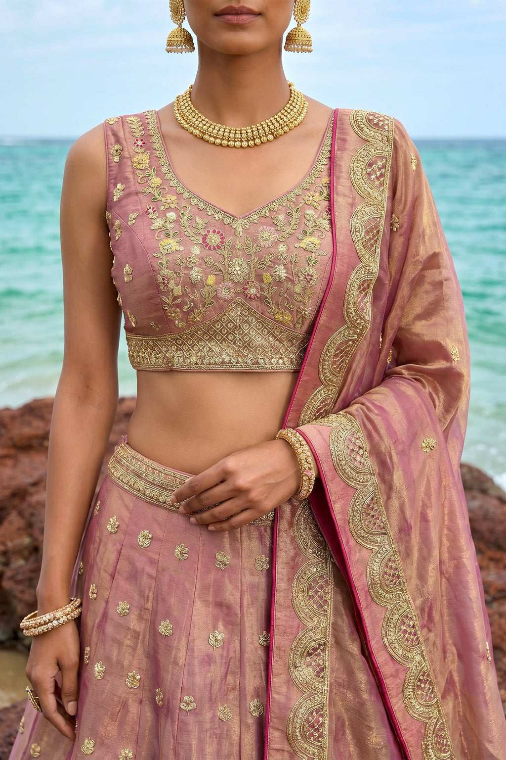 Rose Gold Metallic Tissue Lehenga Choli with Jharokha Pearl & Sequin Embroidery