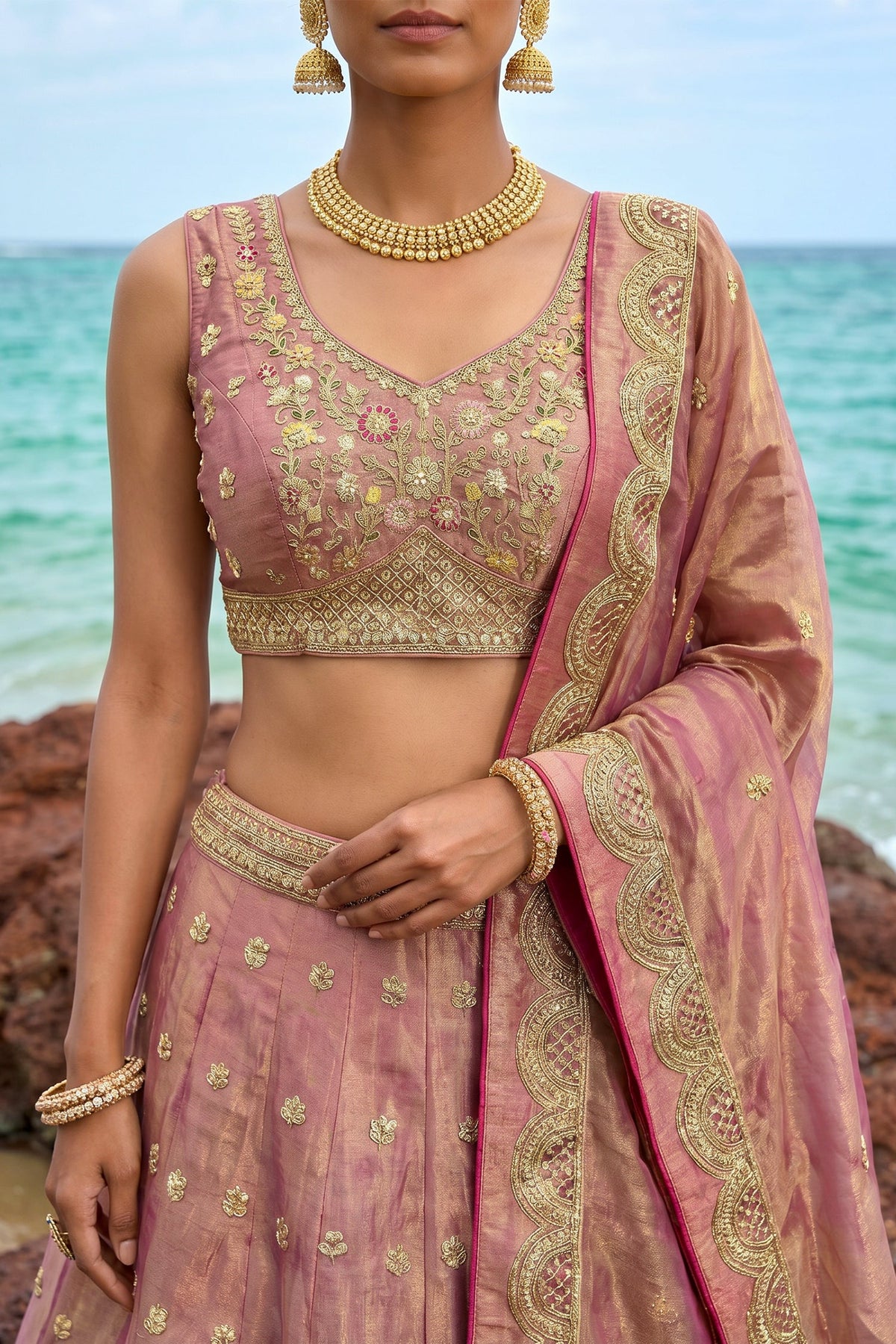Rose Gold Metallic Tissue Lehenga Choli with Jharokha Pearl & Sequin Embroidery