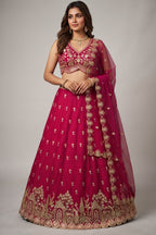 Cherry Red Tissue Lehenga Choli with Scalloped Jharokha and Peacock Embroidery
