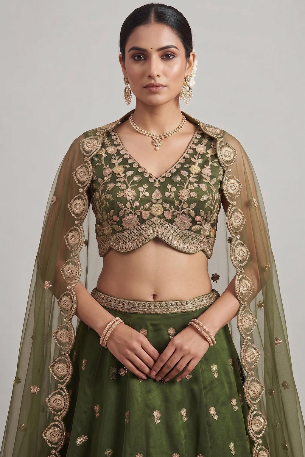 Mehendi Green Tissue Lehenga Choli with Scalloped Jharokha and Peacock Embroidery