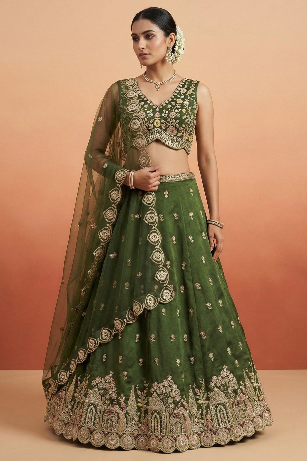 Mehendi Green Tissue Lehenga Choli with Scalloped Jharokha and Peacock Embroidery