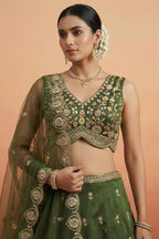 Mehendi Green Tissue Lehenga Choli with Scalloped Jharokha and Peacock Embroidery