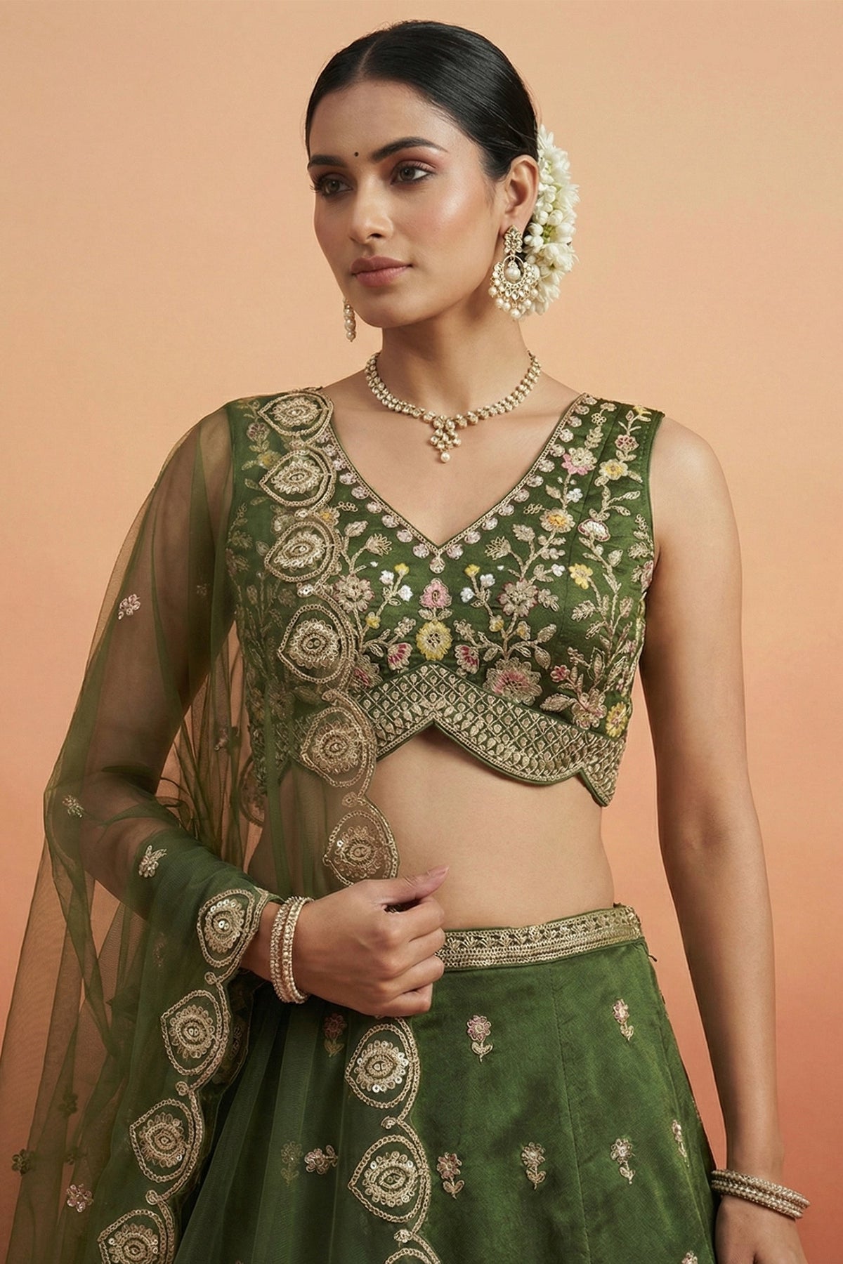 Mehendi Green Tissue Lehenga Choli with Scalloped Jharokha and Peacock Embroidery