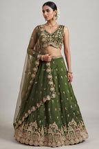 Mehendi Green Tissue Lehenga Choli with Scalloped Jharokha and Peacock Embroidery