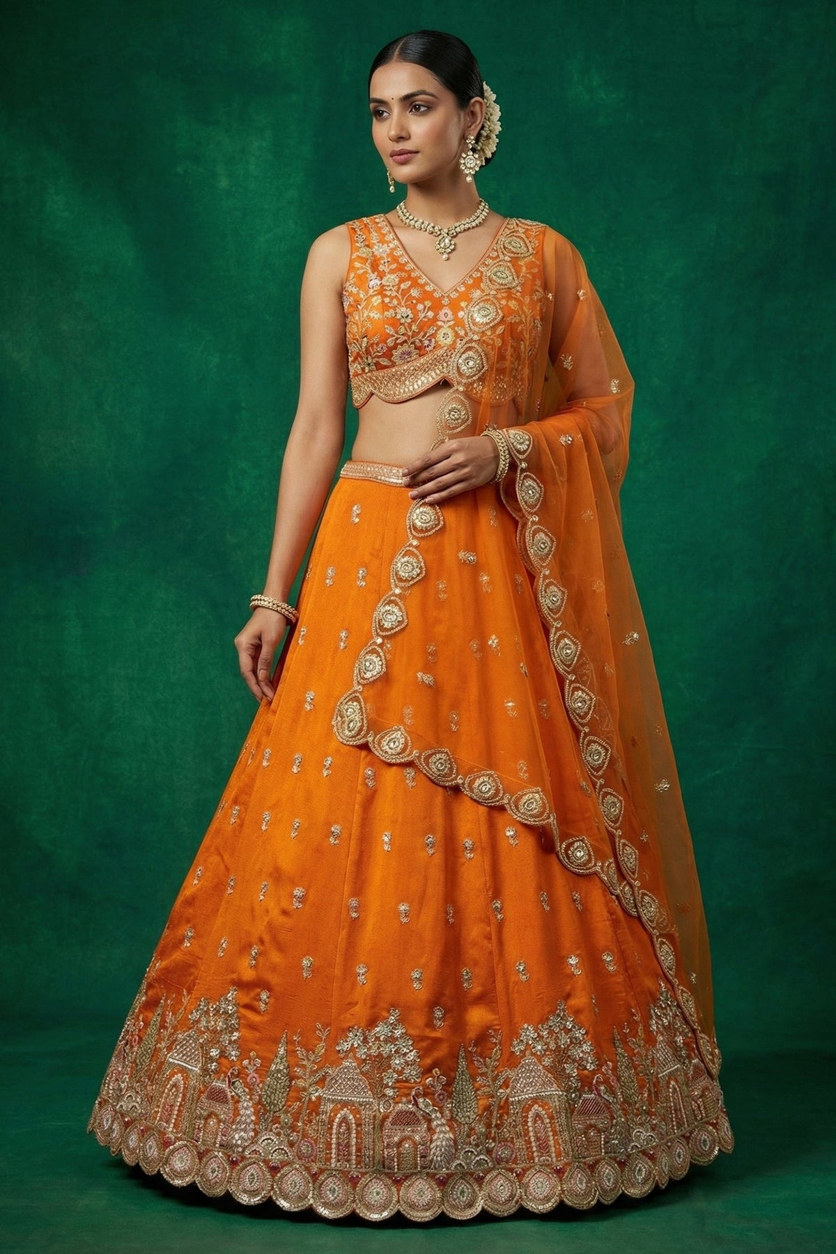 Orange Tissue Lehenga Choli with Scalloped Jharokha and Peacock Embroidery