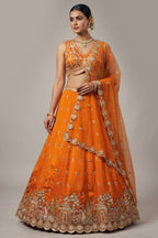 Orange Tissue Lehenga Choli with Scalloped Jharokha and Peacock Embroidery