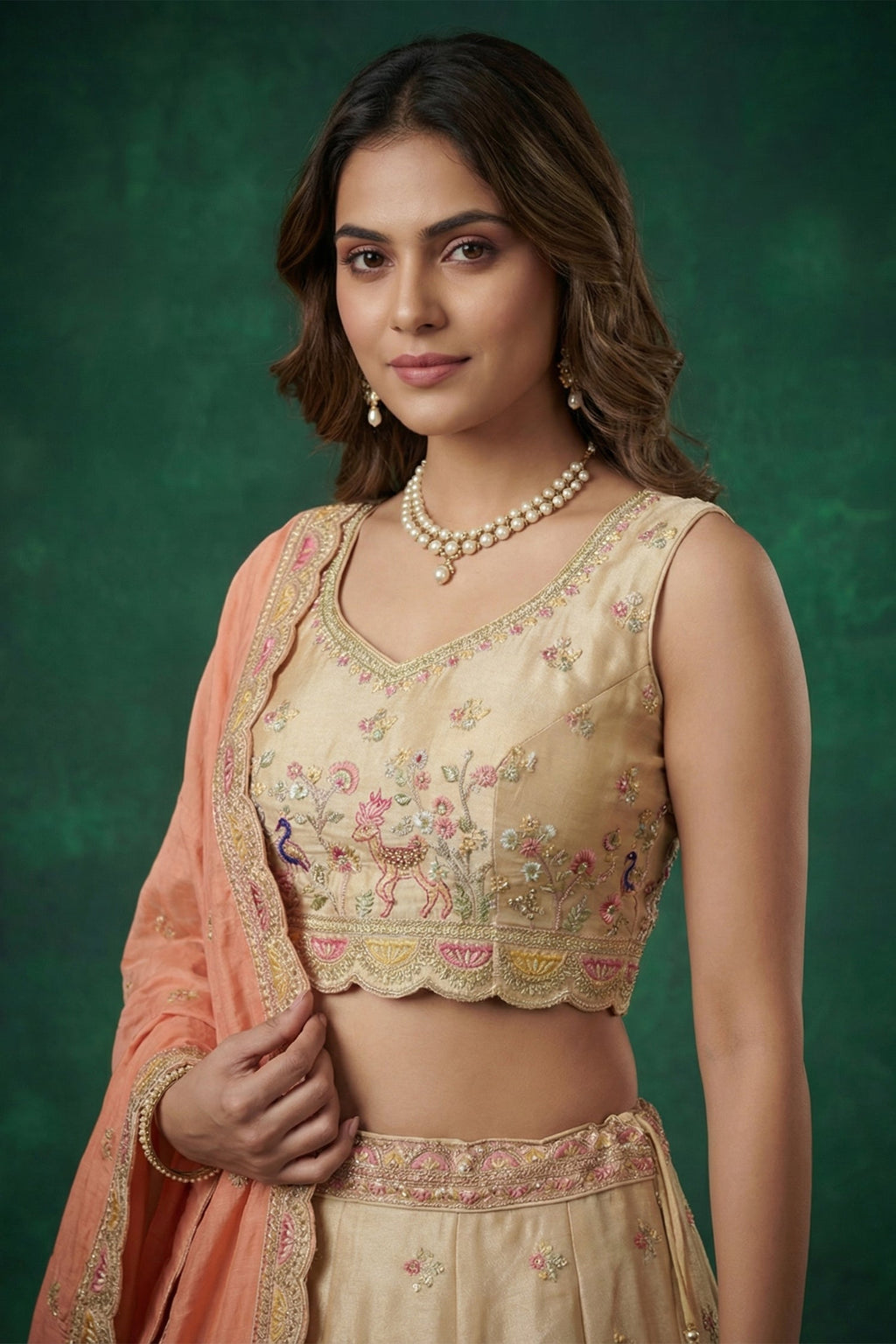 Chiku Beige Tissue Lehenga Choli with Elephant Motifs & Contrast Coral Dupatta