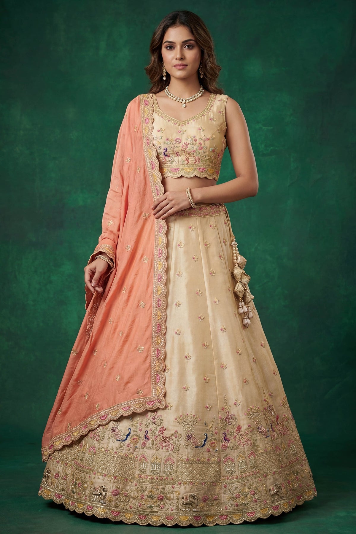 Chiku Beige Tissue Lehenga Choli with Elephant Motifs & Contrast Coral Dupatta