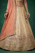 Chiku Beige Tissue Lehenga Choli with Elephant Motifs & Contrast Coral Dupatta