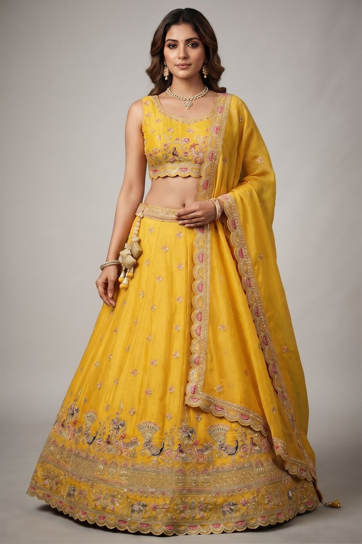 Bright Yellow Tissue Lehenga Choli with Elephant and Peacock Heritage Embroidery