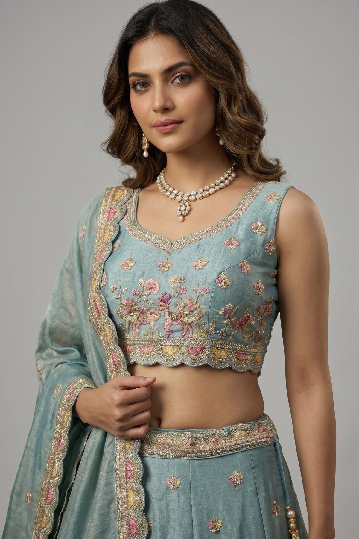 Light Turquoise Tissue Lehenga Choli with Elephant and Peacock Heritage Embroidery