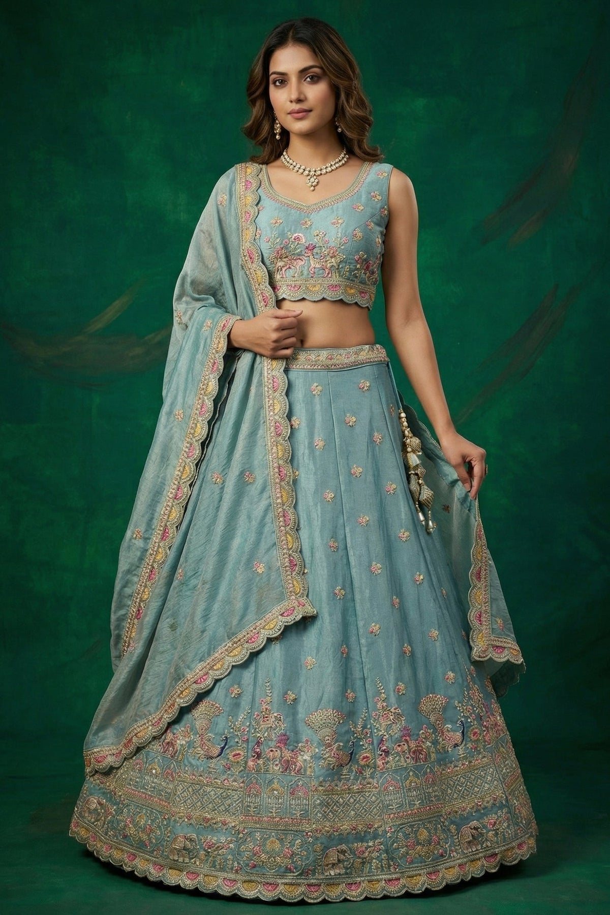 Light Turquoise Tissue Lehenga Choli with Elephant and Peacock Heritage Embroidery