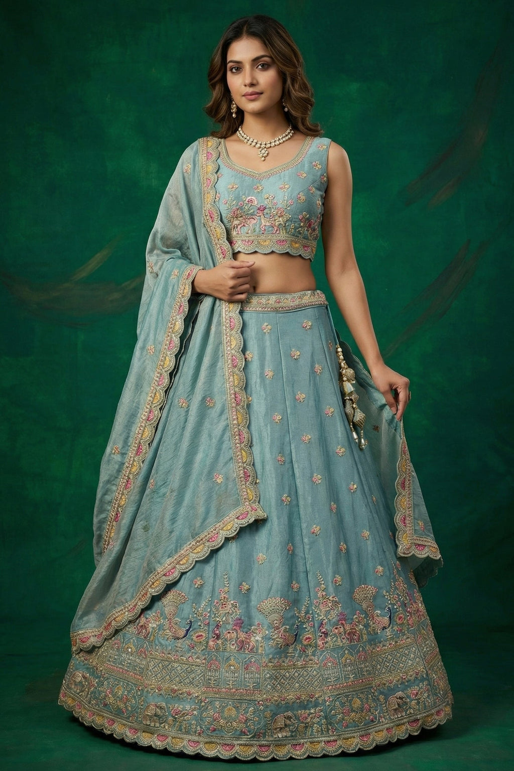 Light Turquoise Tissue Lehenga Choli with Elephant and Peacock Heritage Embroidery