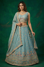 Light Turquoise Tissue Lehenga Choli with Elephant and Peacock Heritage Embroidery
