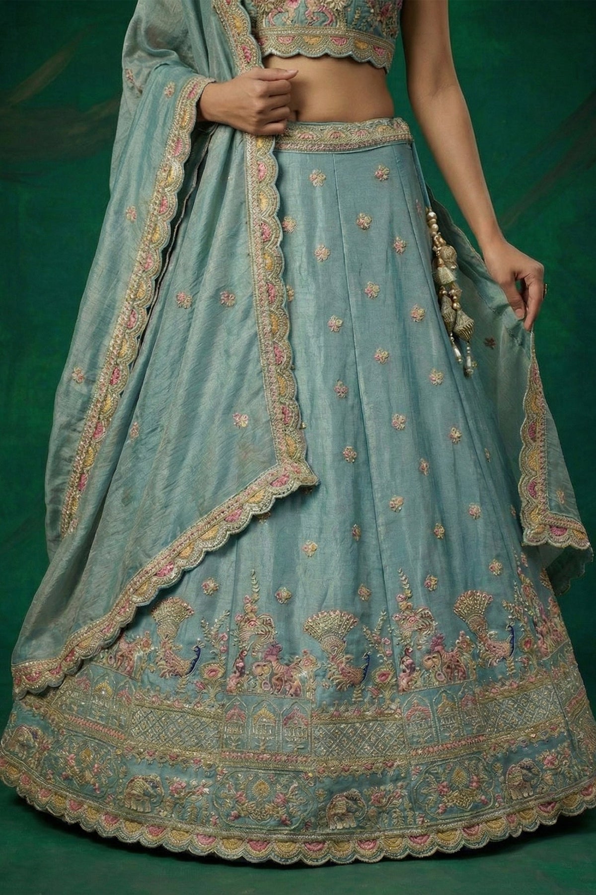 Light Turquoise Tissue Lehenga Choli with Elephant and Peacock Heritage Embroidery