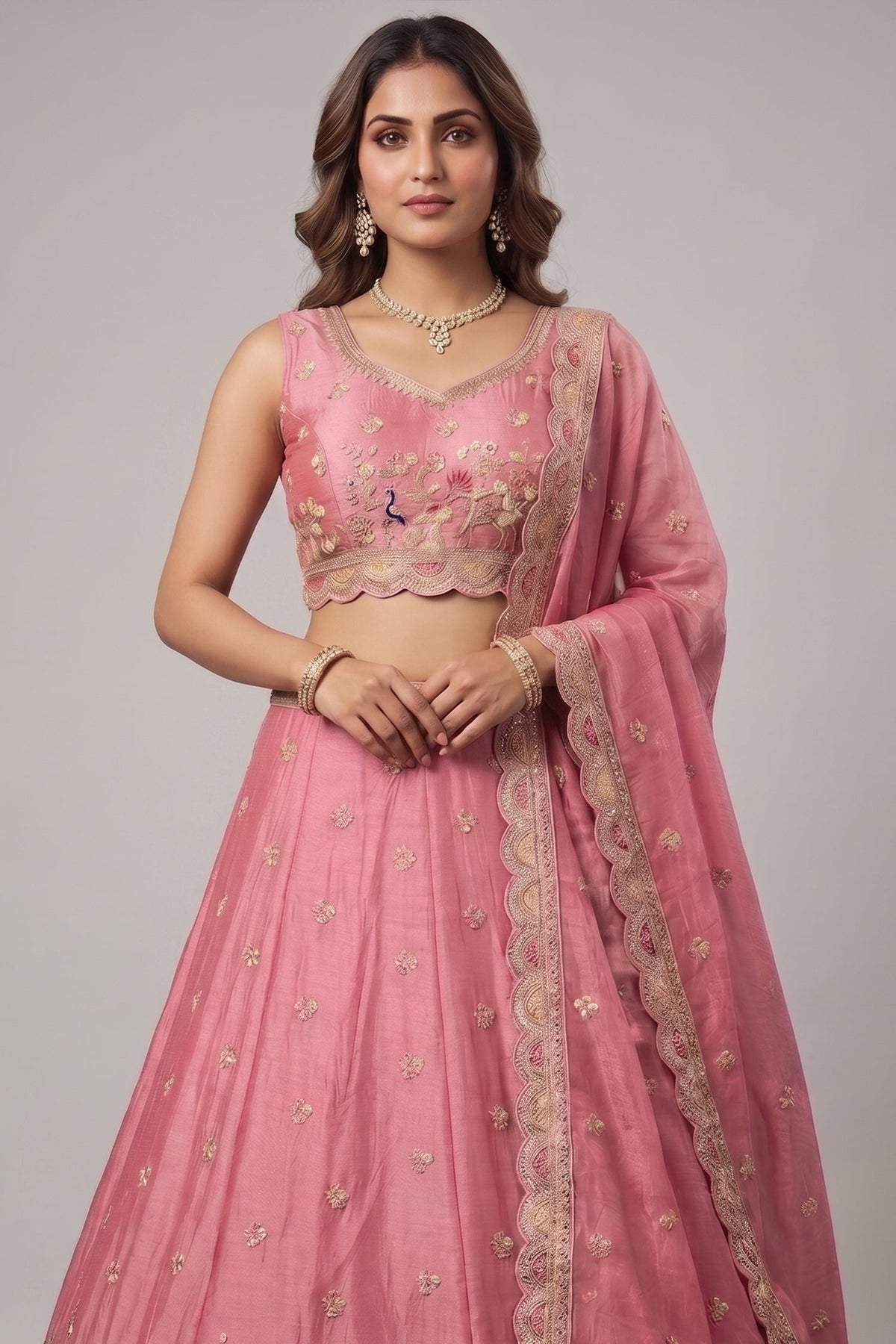 Pink Tissue Lehenga Choli with Elephant and Peacock Heritage Embroidery
