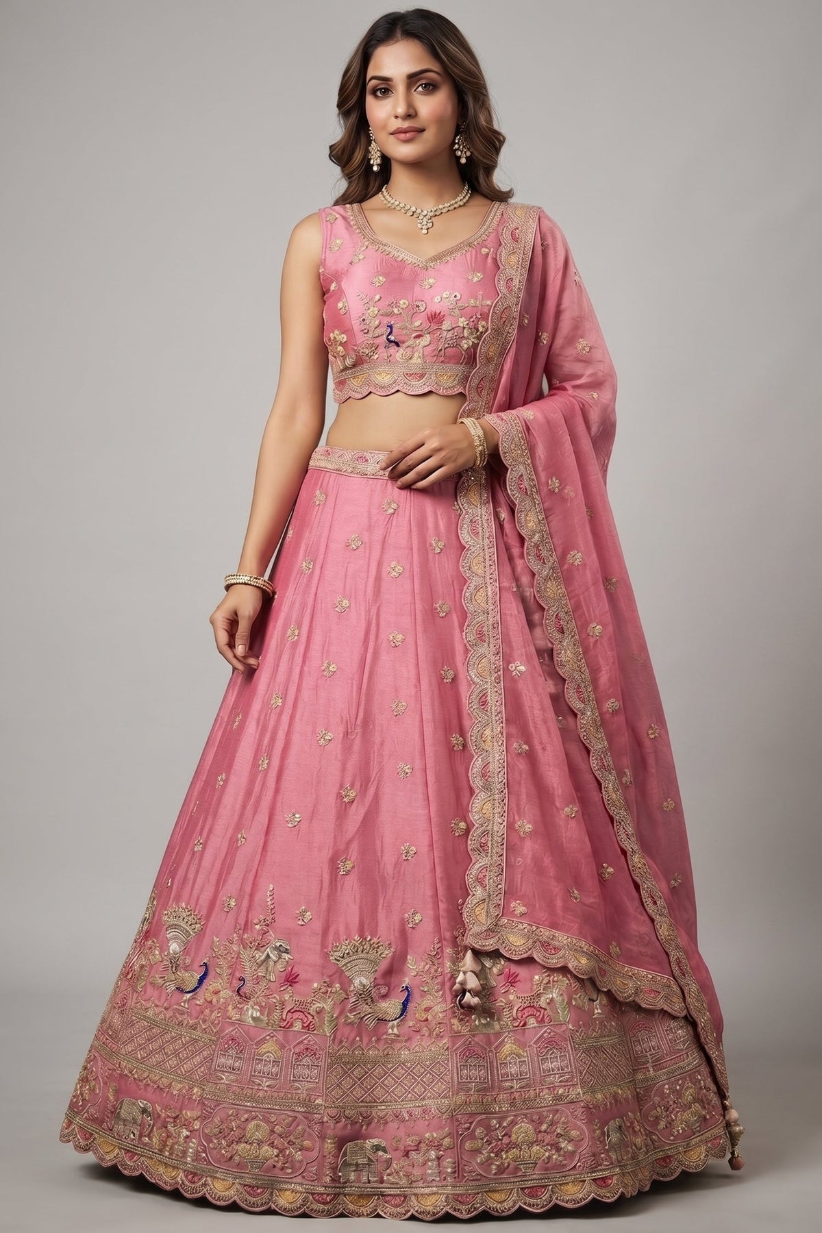 Pink Tissue Lehenga Choli with Elephant and Peacock Heritage Embroidery