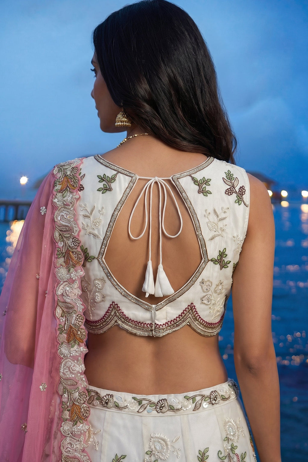 Cream Tissue Lehenga Choli with Contrast Dupatta and Botanical Embroidery