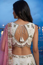 Cream Tissue Lehenga Choli with Contrast Dupatta and Botanical Embroidery