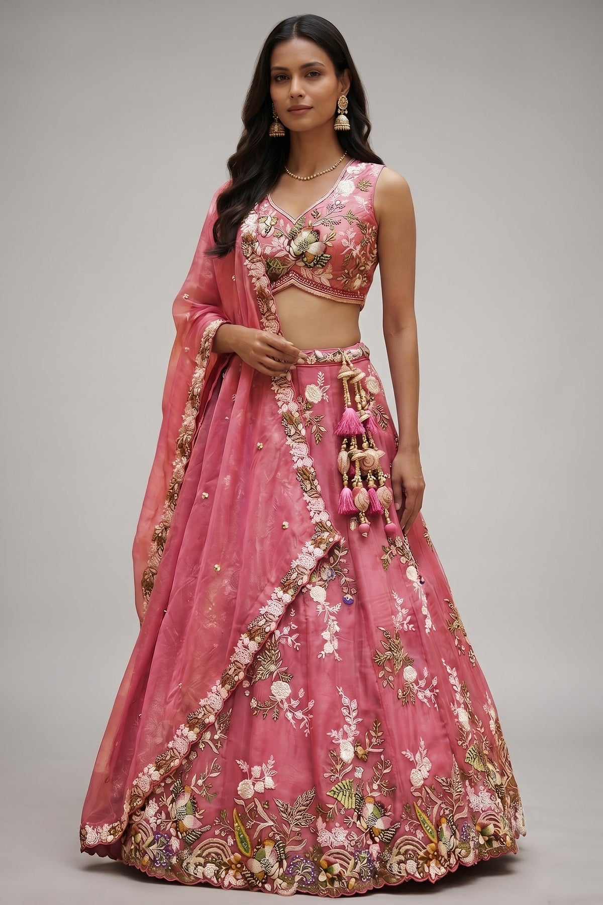 Rose Pink Silk Tissue Lehenga Choli with Scalloped Floral Embroidery