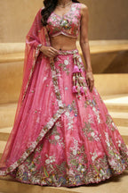 Rose Pink Silk Tissue Lehenga Choli with Scalloped Floral Embroidery