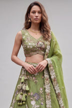 Pista Green Tissue Lehenga Choli with Botanical Embroidery and Tassels