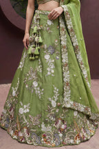 Pista Green Tissue Lehenga Choli with Botanical Embroidery and Tassels