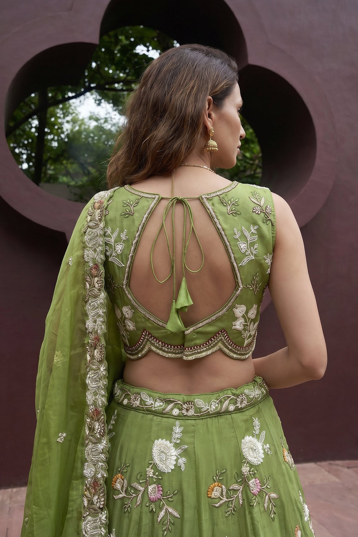 Pista Green Tissue Lehenga Choli with Botanical Embroidery and Tassels