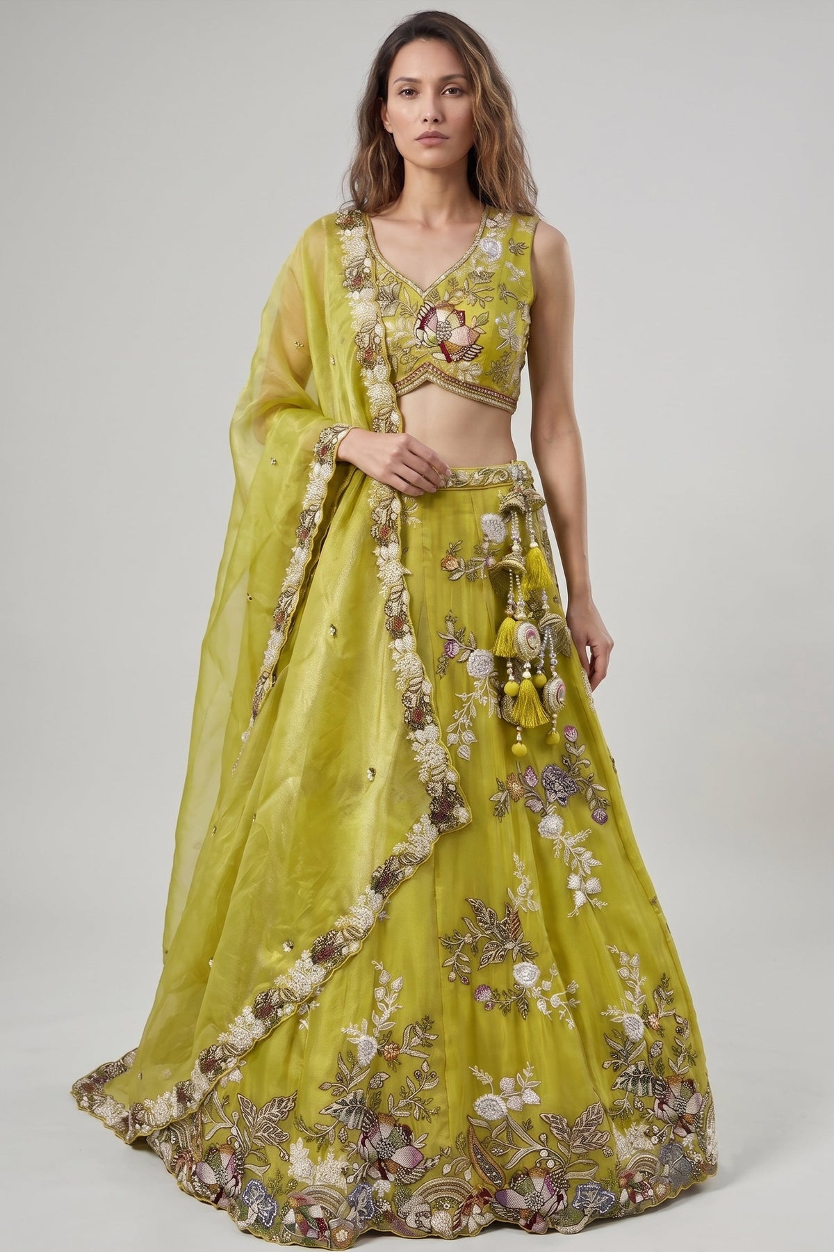 Lime Yellow Tissue Lehenga Choli with Scalloped Floral Embroidery