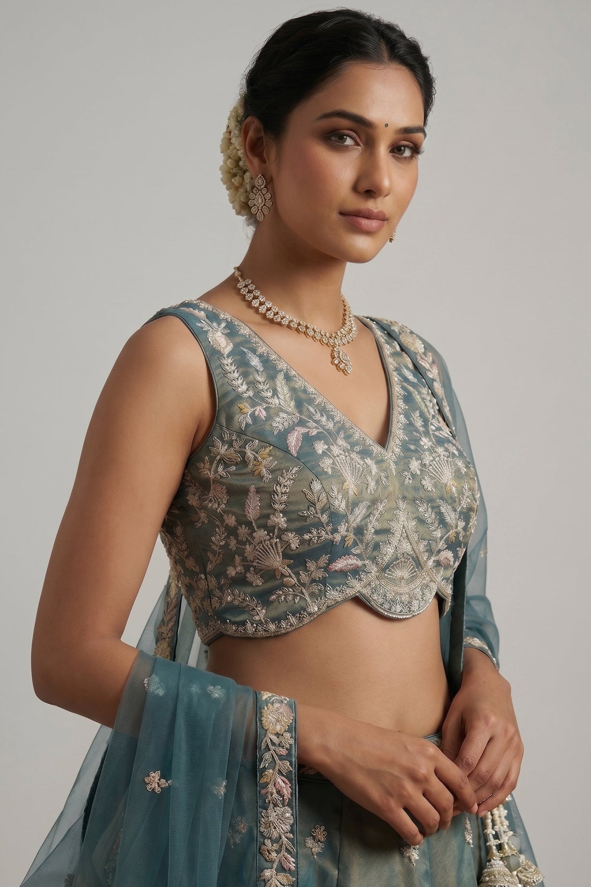 Metallic Teal Tissue Lehenga Choli with Floral Border