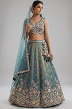 Metallic Teal Tissue Lehenga Choli with Floral Border
